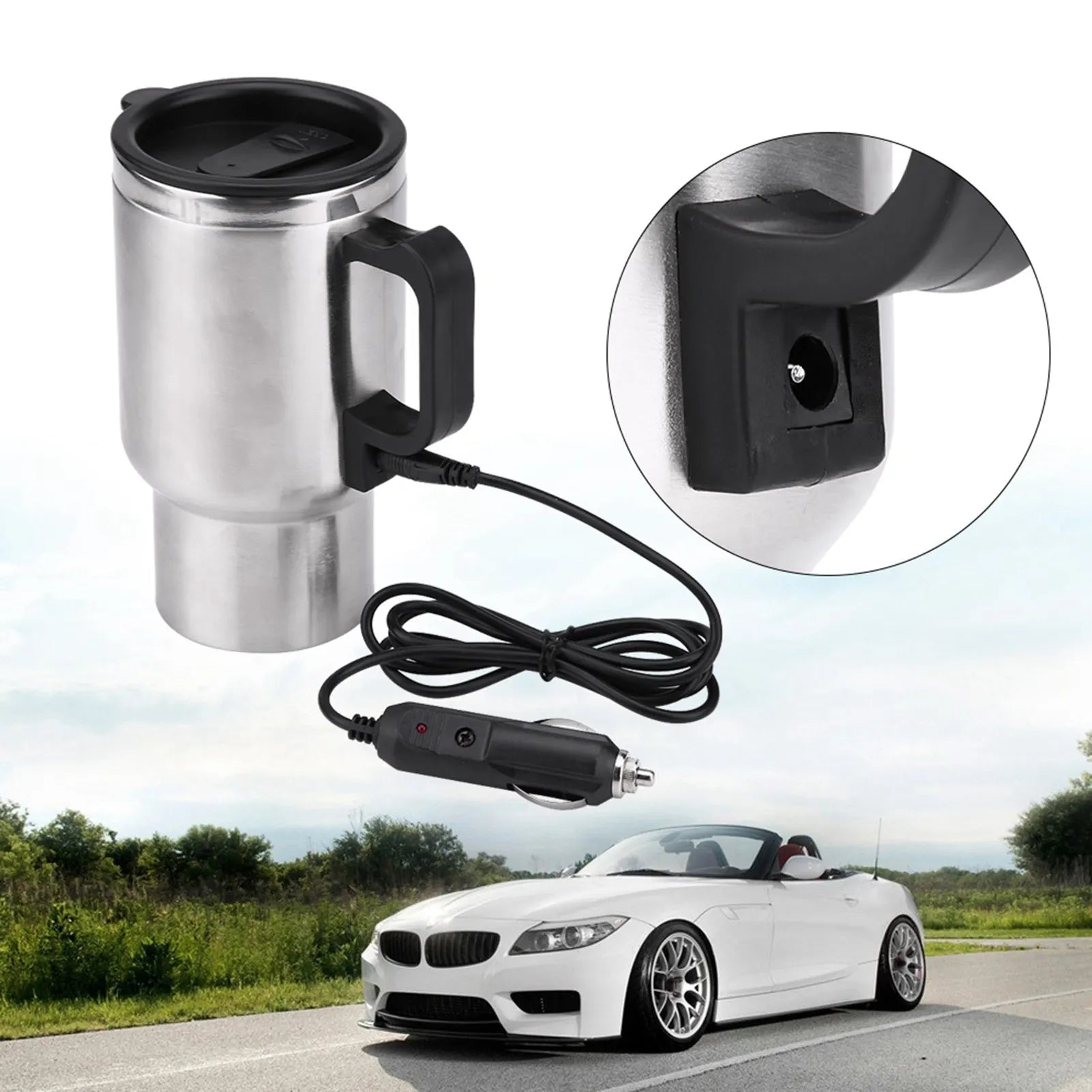1Pcs 450Ml Stainless Steel Car Electric Kettle In-Car Kettle Travel Thermoses Heating Water Bottle Camping Travel Heated Coffee